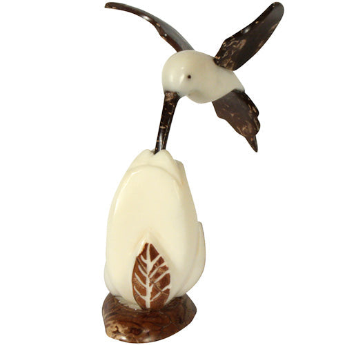 Humming Bird w/ Coconut Wings and Flower Tagua Nut Figurine